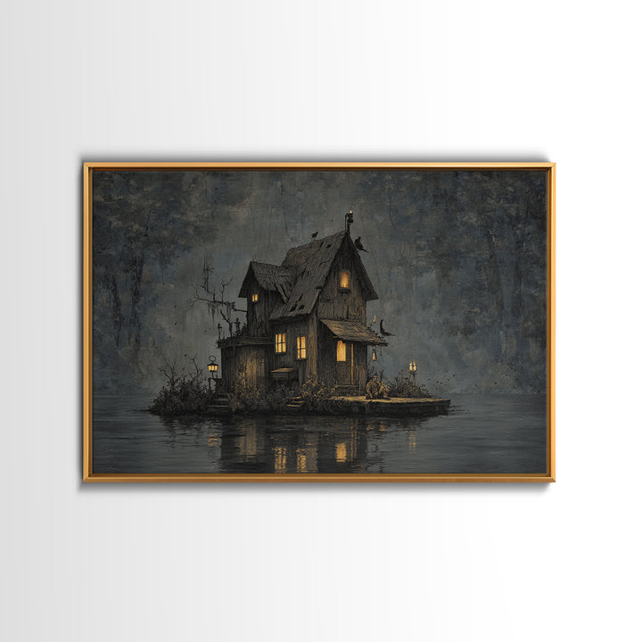 The Foggy Swamp Shack, Medieval Grotesque Art, Landscape Wall Art, Macabre Wall Art, Canvas Print, Halloween Wall Art