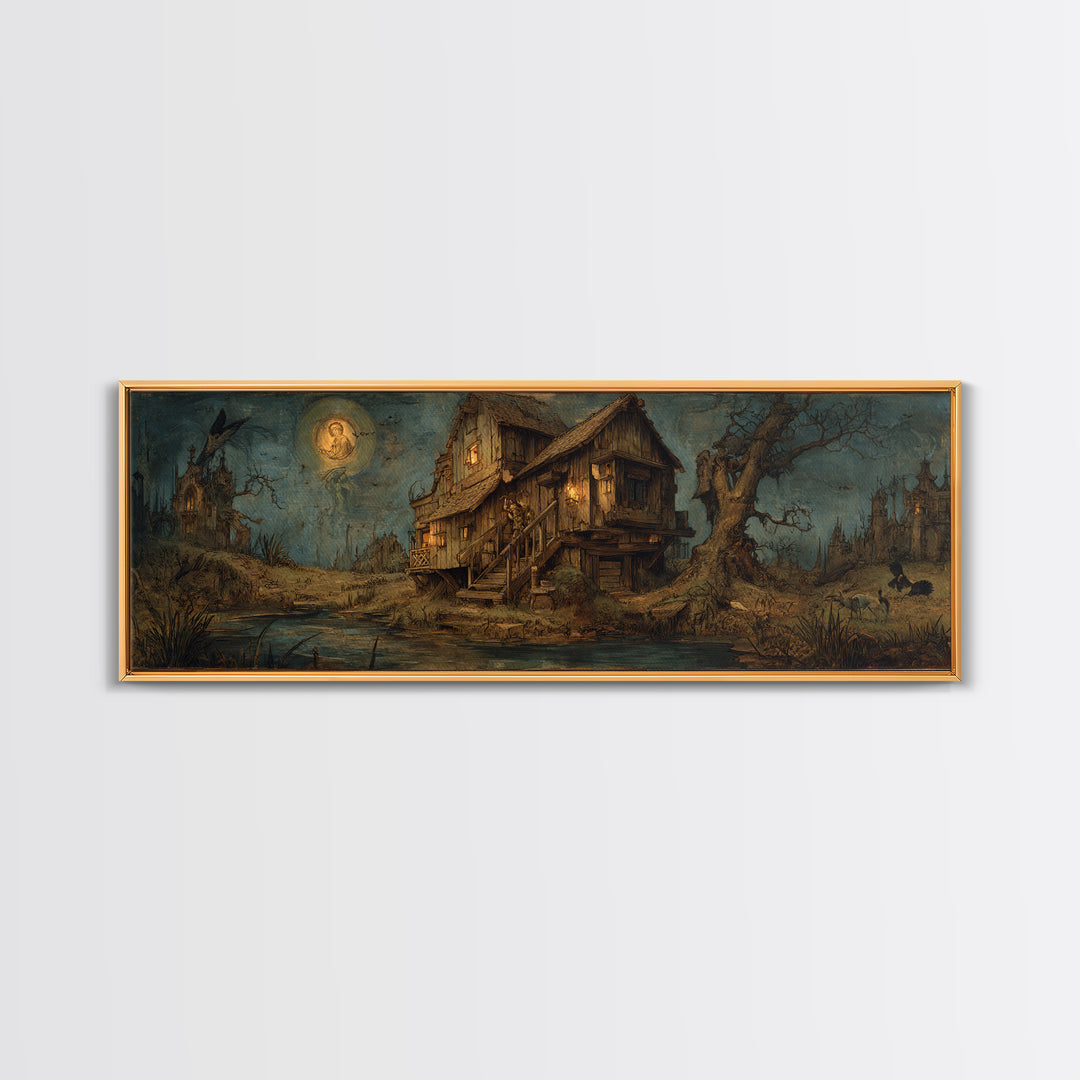 The Foggy Swamp Shack, Dark Renaissance Art, Extra Wide Wall Art, Dark Halloween Decor, Framed Canvas Print, Halloween Wall Art