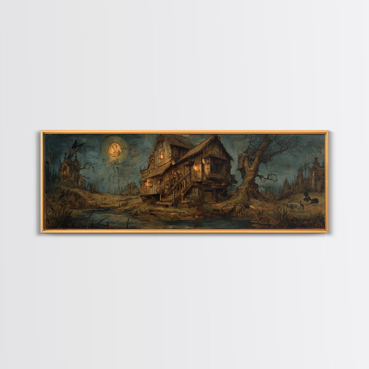 The Foggy Swamp Shack, Dark Renaissance Art, Extra Wide Wall Art, Dark Halloween Decor, Framed Canvas Print, Halloween Wall Art