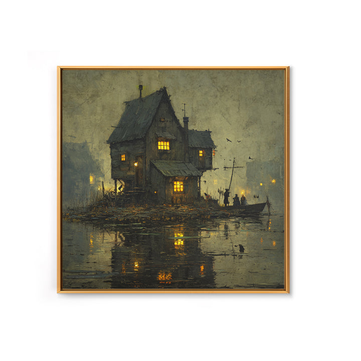 The Foggy Swamp Shack, Danse Macabre Art, Square Wall Art, Gothic Horror Wall Art, Framed Canvas Print