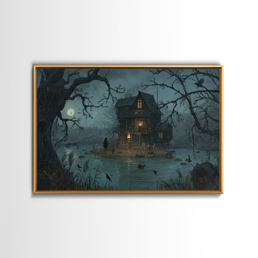The Foggy Swamp Shack, Baroque Witchcraft Art, Landscape Wall Art, Gothic Horror Wall Art, Canvas Print, Halloween Wall Art