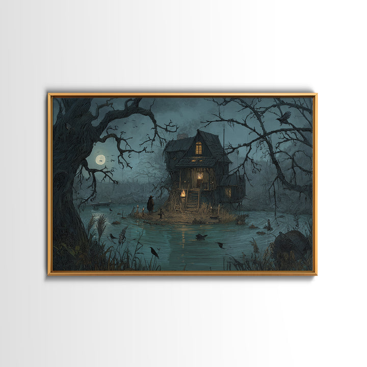 The Foggy Swamp Shack, Baroque Witchcraft Art, Landscape Wall Art, Gothic Horror Wall Art, Canvas Print, Halloween Wall Art