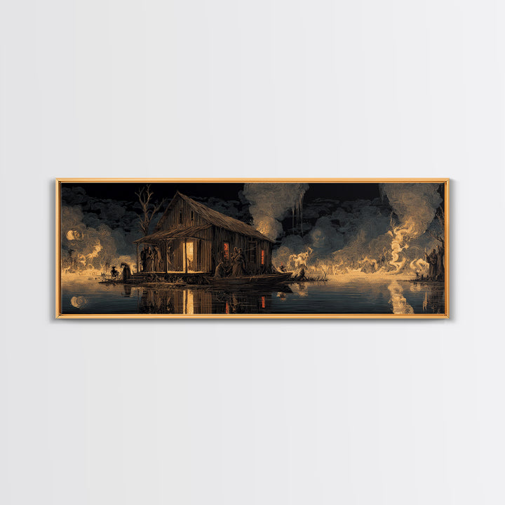 The Foggy Swamp Shack, Visionary Gothic Art, Extra Wide Wall Art, Dark Halloween Decor, Framed Canvas Print, Halloween Wall Art