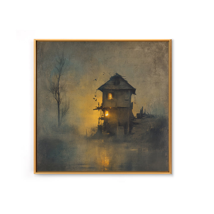 The Foggy Swamp Shack, Symbolist Dream Art, Square Wall Art, Dark Fantasy Wall Art, Canvas Print, Halloween Wall Art, Macabre Wall Art