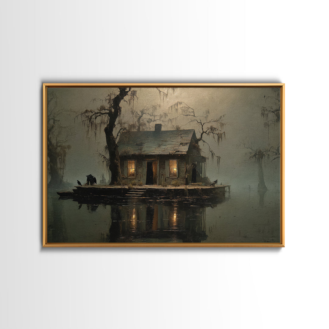 The Foggy Swamp Shack, Symbolist Gothic Landscape, Landscape Wall Art, Macabre Wall Art, Canvas Print, Halloween Wall Art