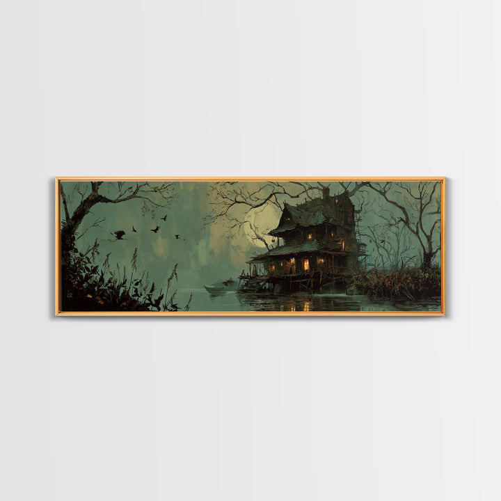 The Foggy Swamp Shack, Decadent Gothic Art, Extra Wide Wall Art, Macabre Wall Art, Framed Canvas Print, Halloween Wall Art