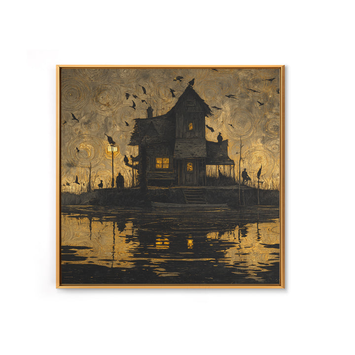 The Foggy Swamp Shack, Dark Symbolist Art, Square Wall Art, Macabre Wall Art, Framed Canvas Print, Halloween Wall Art