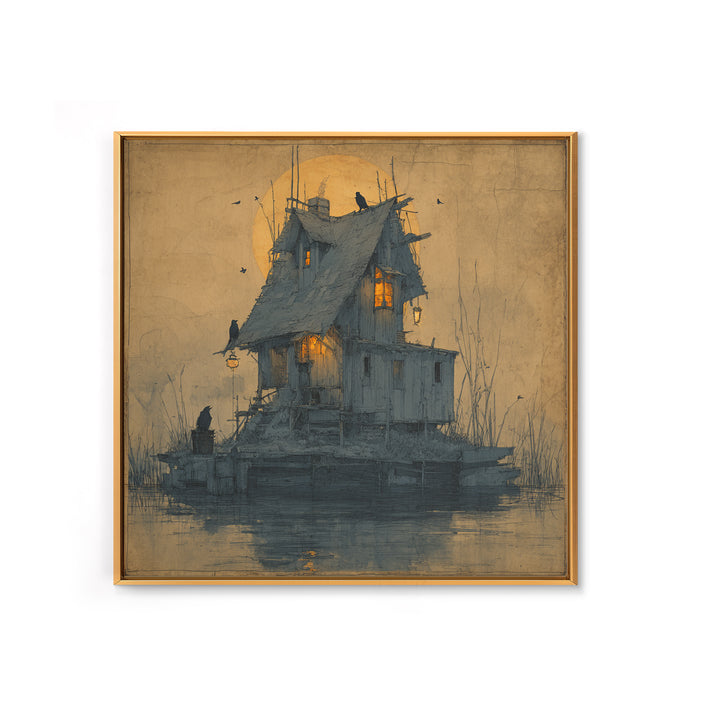 The Foggy Swamp Shack, Symbolist Etching Art, Square Wall Art, Dark Halloween Decor, Framed Canvas Print, Halloween Wall Art