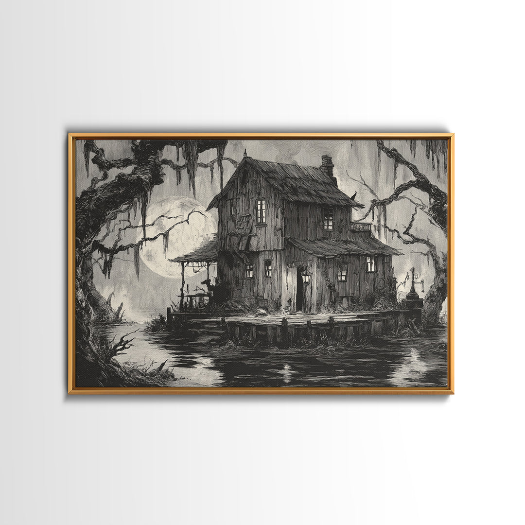 The Foggy Swamp Shack, Expressionist Nightmare Art, Landscape Wall Art, Gothic Horror Wall Art, Canvas Print, Halloween Wall Art