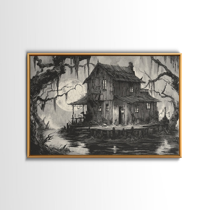 The Foggy Swamp Shack, Expressionist Nightmare Art, Landscape Wall Art, Gothic Horror Wall Art, Canvas Print, Halloween Wall Art