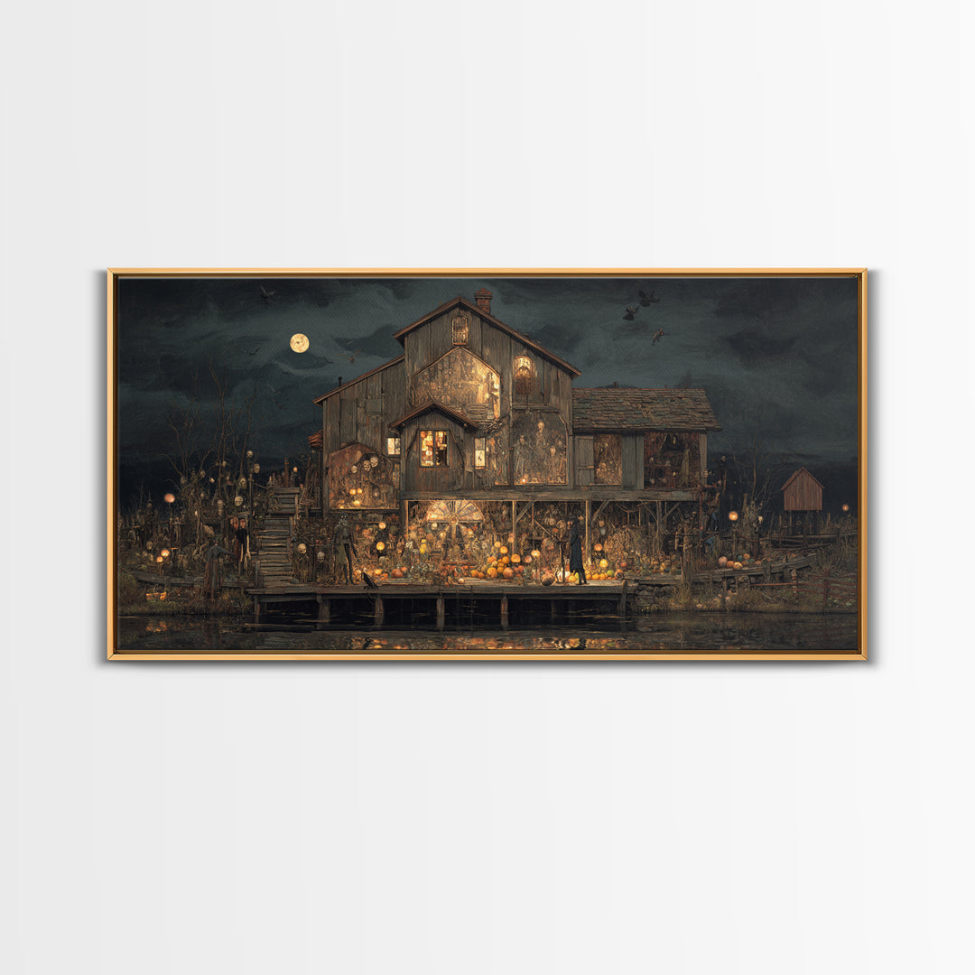 The Foggy Swamp Shack, Grotesque Carnival Art, Wide Panoramic Art, Gothic Horror Wall Art, Framed Canvas Print, Halloween Wall Art