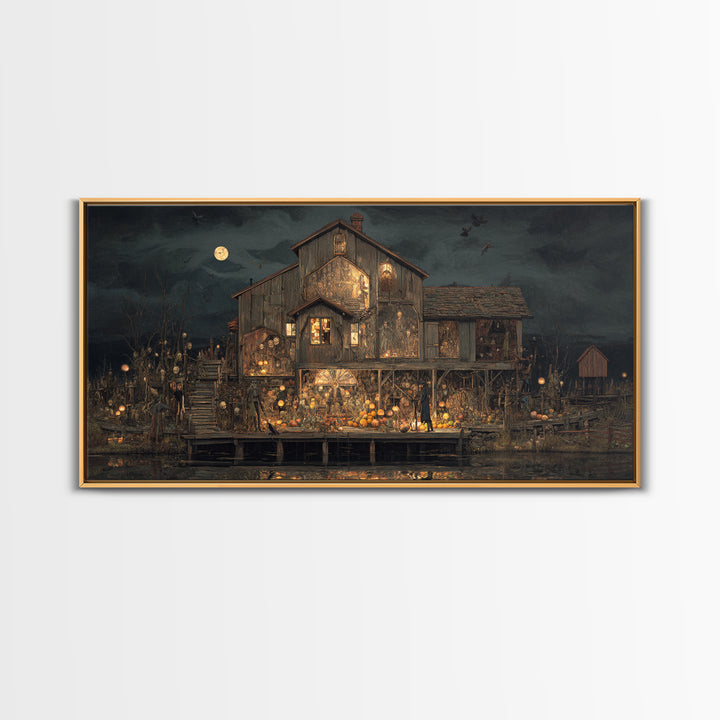 The Foggy Swamp Shack, Grotesque Carnival Art, Wide Panoramic Art, Gothic Horror Wall Art, Framed Canvas Print, Halloween Wall Art