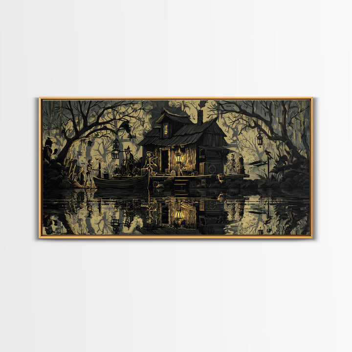 The Foggy Swamp Shack, Macabre Folk Print Art, Wide Panoramic Art, Gothic Horror Wall Art, Canvas Print, Halloween Wall Art