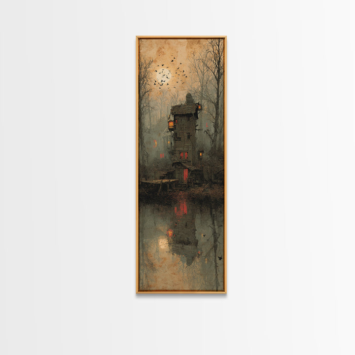 The Foggy Swamp Shack, Surreal Apocalyptic Art, Tall Narrow Wall Art, Gothic Horror Wall Art, Canvas Print, Halloween Wall Art
