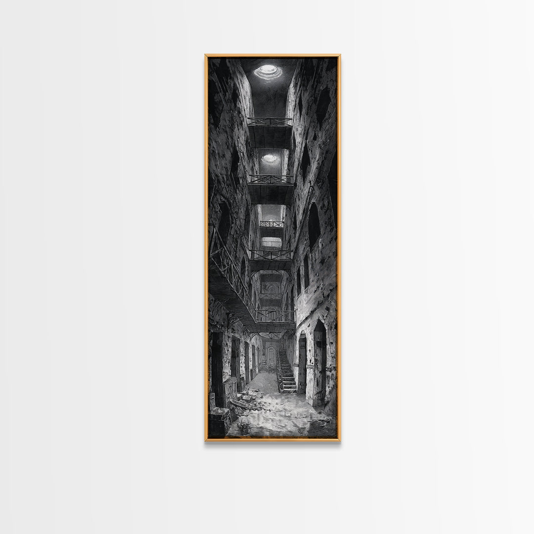 The Derelict Asylum, Architectural Etching Art, Tall Narrow Wall Art, Gothic Horror Wall Art, Canvas Print, Halloween Wall Art