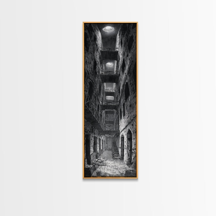 The Derelict Asylum, Architectural Etching Art, Tall Narrow Wall Art, Gothic Horror Wall Art, Canvas Print, Halloween Wall Art
