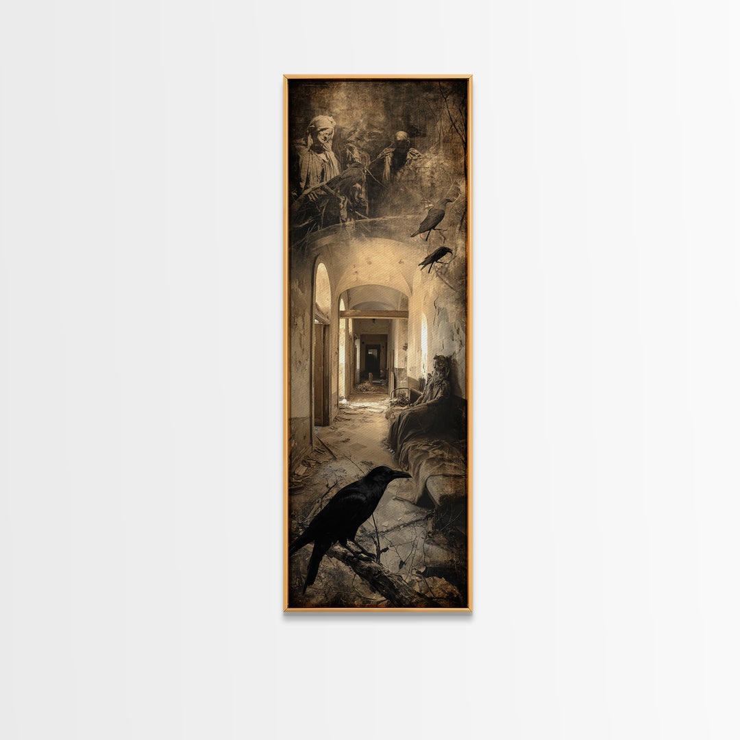 The Derelict Asylum, Symbolist Etching Art, Tall Narrow Wall Art, Dark Halloween Decor, Framed Canvas Print, Halloween Wall Art