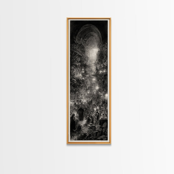 The Midnight Antique Shop, Gothic Engraving Art, Tall Narrow Wall Art, Dark Fantasy Wall Art, Framed Canvas Print, Halloween Wall Art
