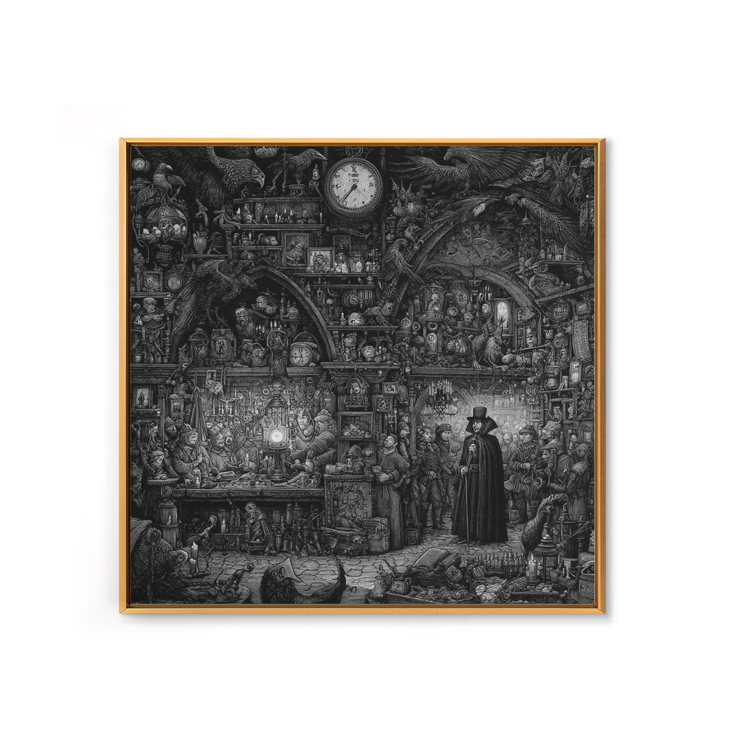 The Midnight Antique Shop, Renaissance Engraving Art, Square Wall Art, Dark Fantasy Wall Art, Framed Canvas Print, Halloween Wall Art