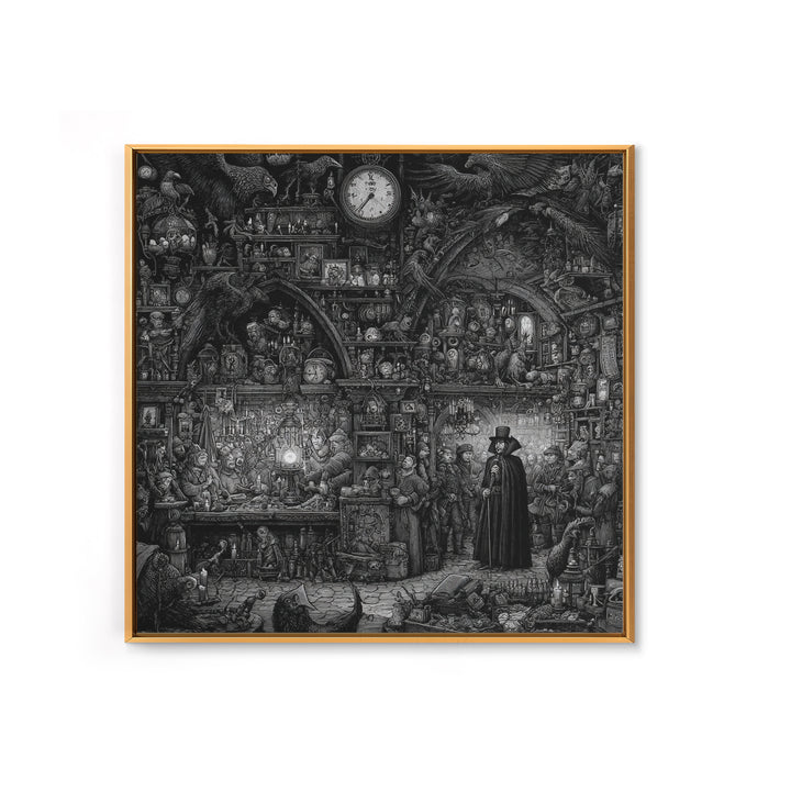 The Midnight Antique Shop, Renaissance Engraving Art, Square Wall Art, Dark Fantasy Wall Art, Framed Canvas Print, Halloween Wall Art