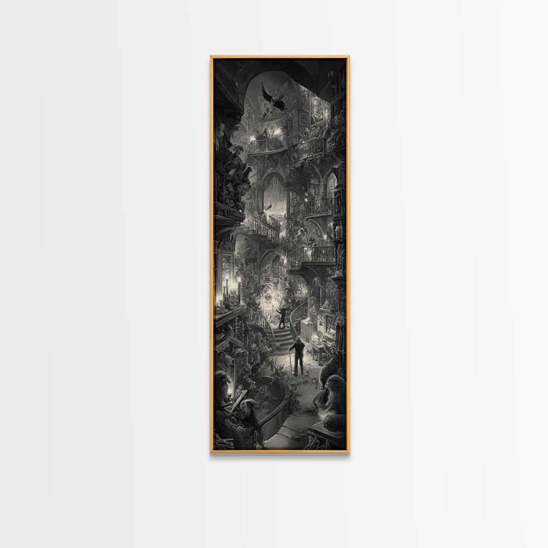 The Midnight Antique Shop, Architectural Etching Art, Tall Narrow Wall Art, Dark Halloween Decor, Canvas Print
