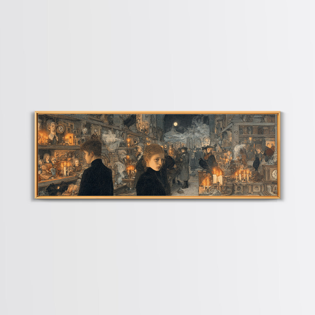 The Midnight Antique Shop, Symbolist Death Art, Extra Wide Wall Art, Macabre Wall Art, Canvas Print, Halloween Wall Art
