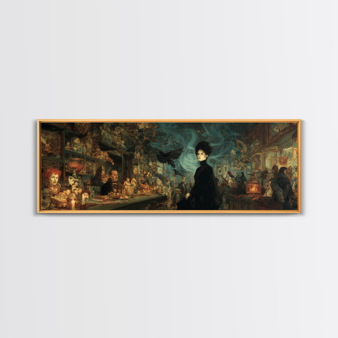 The Midnight Antique Shop, Expressionist Gothic Art, Extra Wide Wall Art, Dark Halloween Decor, Framed Canvas Print, Halloween Wall Art