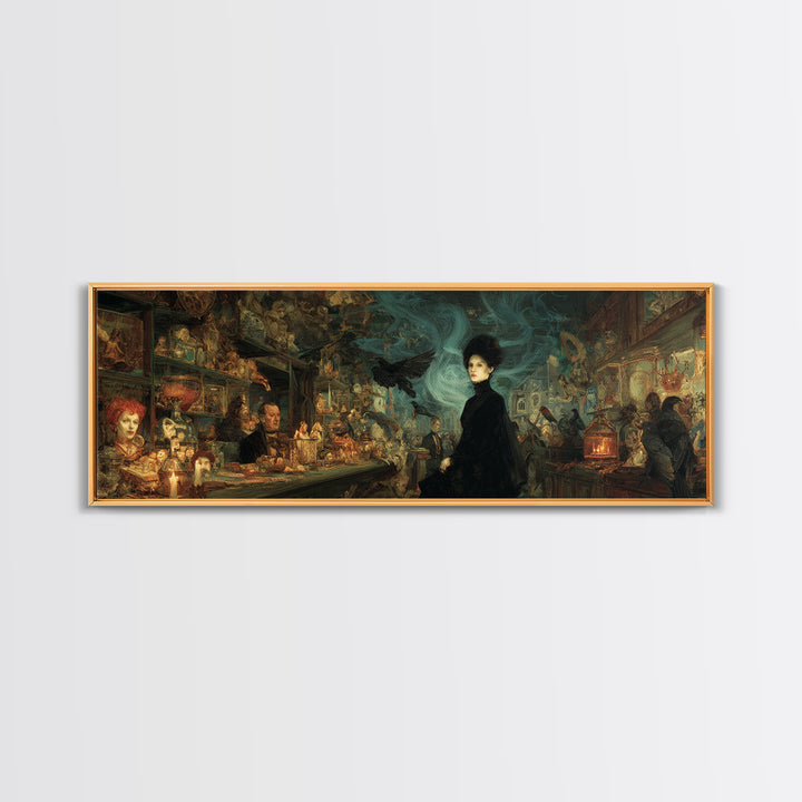 The Midnight Antique Shop, Expressionist Gothic Art, Extra Wide Wall Art, Dark Halloween Decor, Framed Canvas Print, Halloween Wall Art