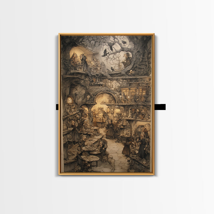 The Midnight Antique Shop, Gothic Storybook Art, Vertical Wall Art, Dark Fantasy Wall Art, Framed Canvas Print, Halloween Wall Art