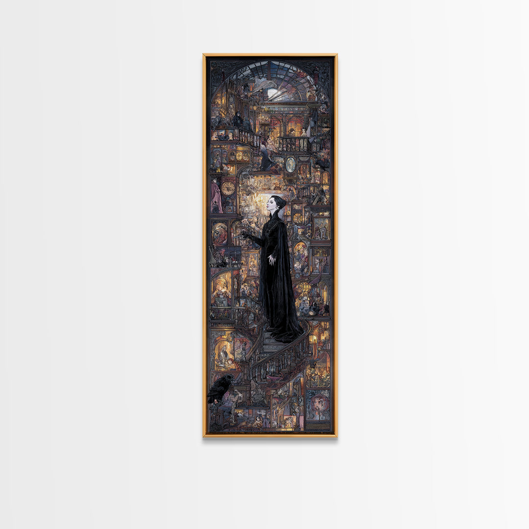 The Midnight Antique Shop, Stained Glass Gothic Art, Tall Narrow Wall Art, Macabre Wall Art, Framed Canvas Print, Halloween Wall Art