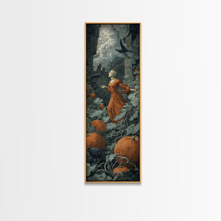 The Pumpkin Patch Maze, Gothic Engraving Art, Tall Narrow Wall Art, Macabre Wall Art, Framed Canvas Print, Halloween Wall Art