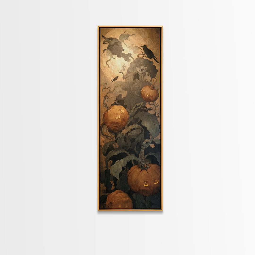 The Pumpkin Patch Maze, Symbolist Dream Art, Tall Narrow Wall Art, Dark Fantasy Wall Art, Canvas Print, Halloween Wall Art