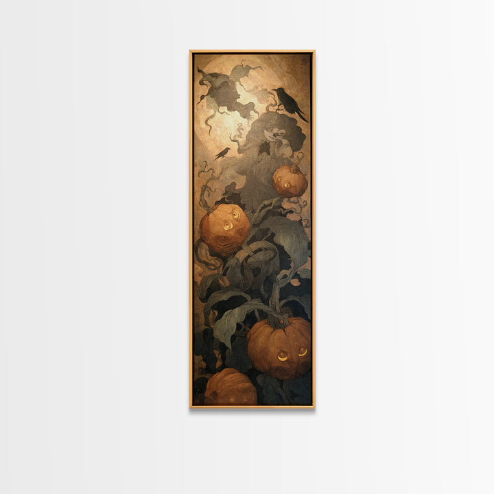 The Pumpkin Patch Maze, Symbolist Dream Art, Tall Narrow Wall Art, Dark Fantasy Wall Art, Canvas Print, Halloween Wall Art