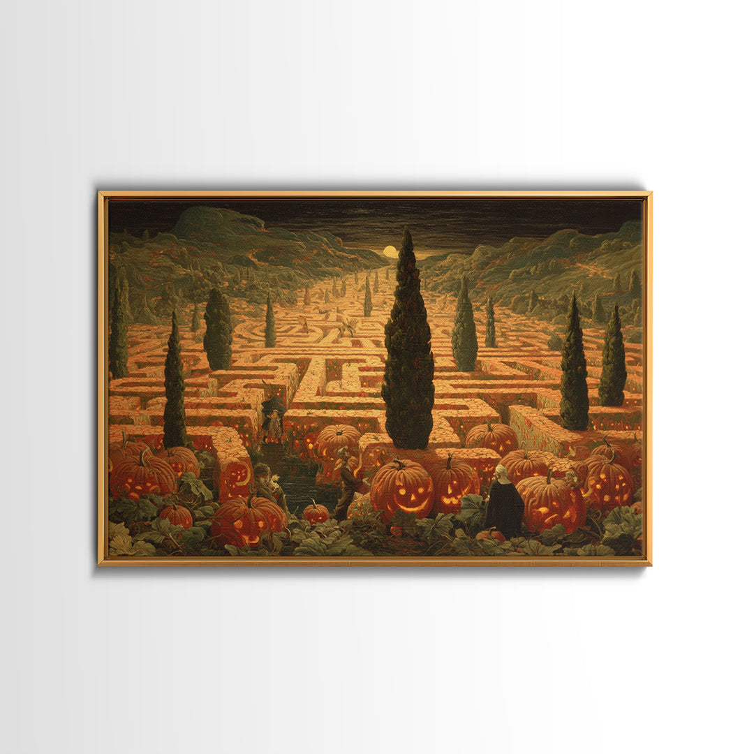 The Pumpkin Patch Maze, Symbolist Gothic Landscape, Landscape Wall Art, Dark Halloween Decor, Framed Canvas Print, Halloween Wall Art