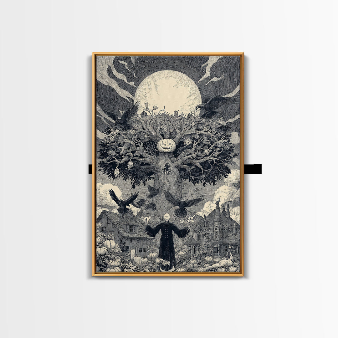 The Pumpkin Patch Maze, Victorian Macabre Art, Vertical Wall Art, Dark Halloween Decor, Framed Canvas Print, Halloween Wall Art