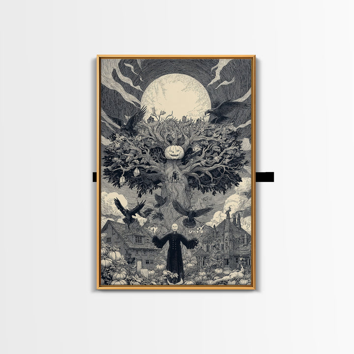 The Pumpkin Patch Maze, Victorian Macabre Art, Vertical Wall Art, Dark Halloween Decor, Framed Canvas Print, Halloween Wall Art