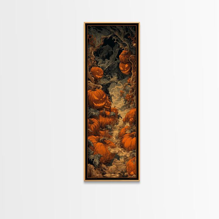 The Pumpkin Patch Maze, Biomechanical Horror Art, Tall Narrow Wall Art, Dark Halloween Decor, Framed Canvas Print, Halloween Wall Art