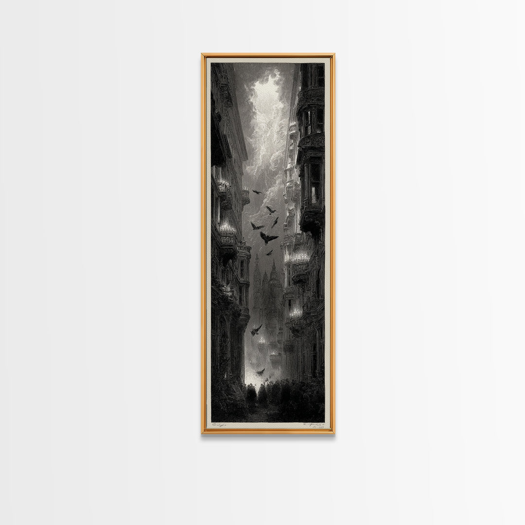 The Haunted Hotel, Gothic Engraving Art, Tall Narrow Wall Art, Dark Halloween Decor, Canvas Print, Halloween Wall Art, Macabre Wall Art