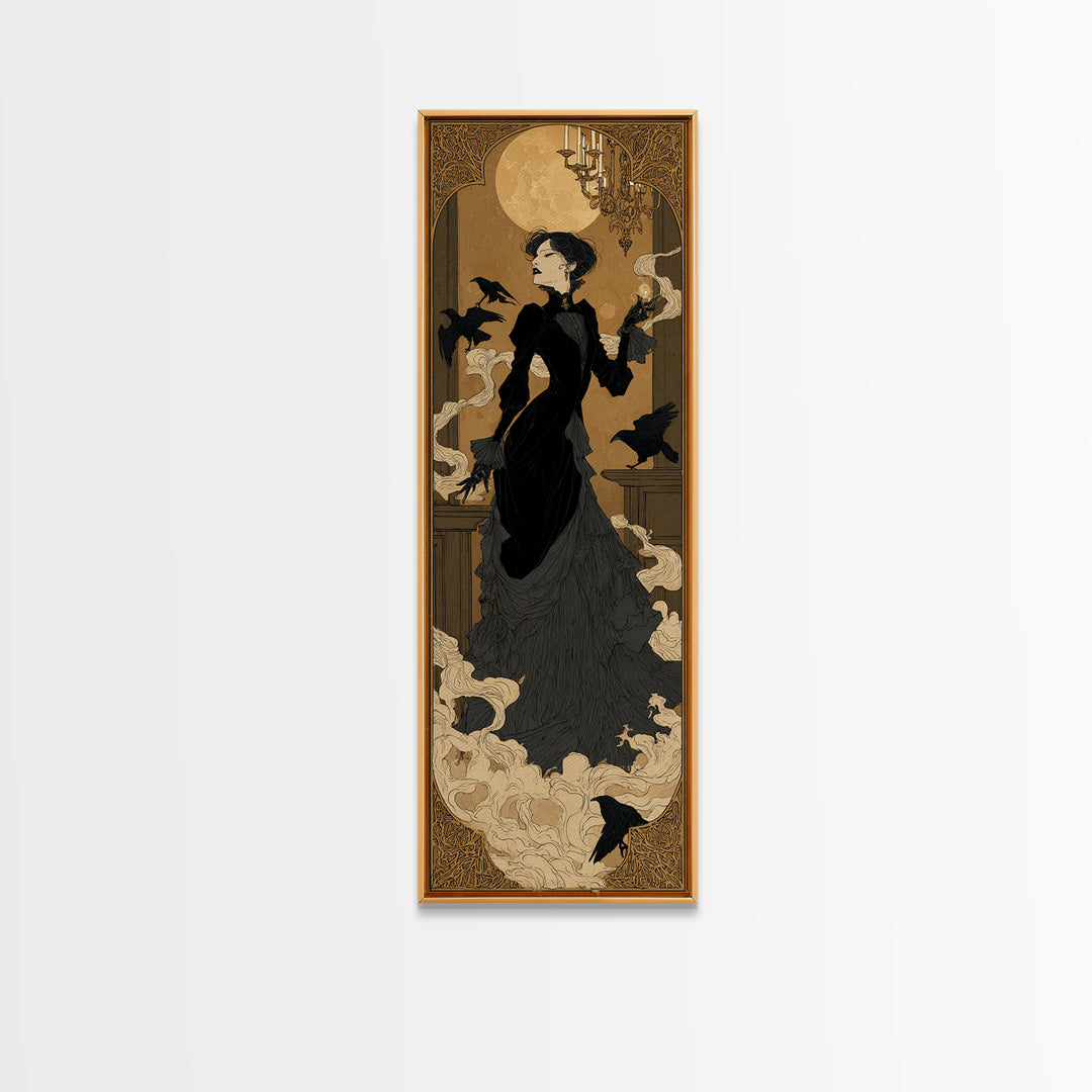 The Haunted Hotel, Decadent Line Art, Tall Narrow Wall Art, Dark Fantasy Wall Art, Framed Canvas Print, Halloween Wall Art