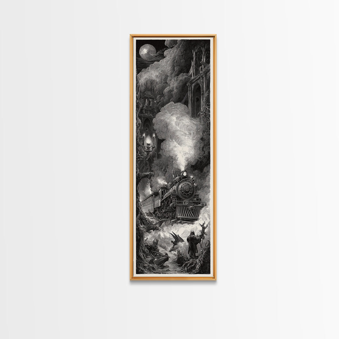 The Abandoned Train Station, Gothic Engraving Art, Tall Narrow Wall Art, Dark Halloween Decor, Canvas Print, Halloween Wall Art