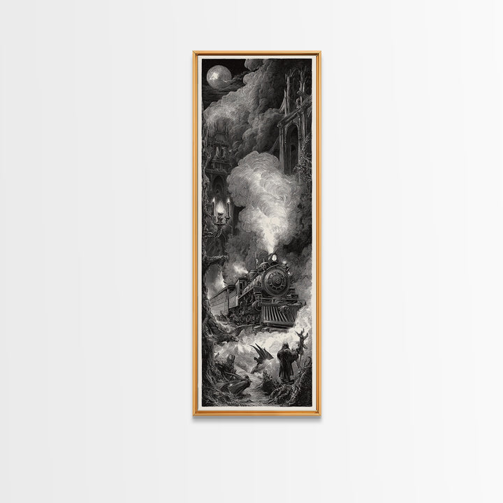 The Abandoned Train Station, Gothic Engraving Art, Tall Narrow Wall Art, Dark Halloween Decor, Canvas Print, Halloween Wall Art