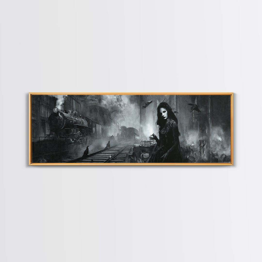 The Abandoned Train Station, Renaissance Engraving Art, Extra Wide Wall Art, Dark Halloween Decor, Canvas Print, Halloween Wall Art