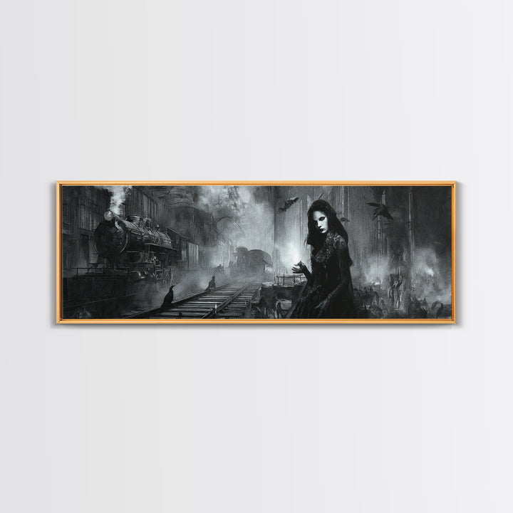 The Abandoned Train Station, Renaissance Engraving Art, Extra Wide Wall Art, Dark Halloween Decor, Canvas Print, Halloween Wall Art