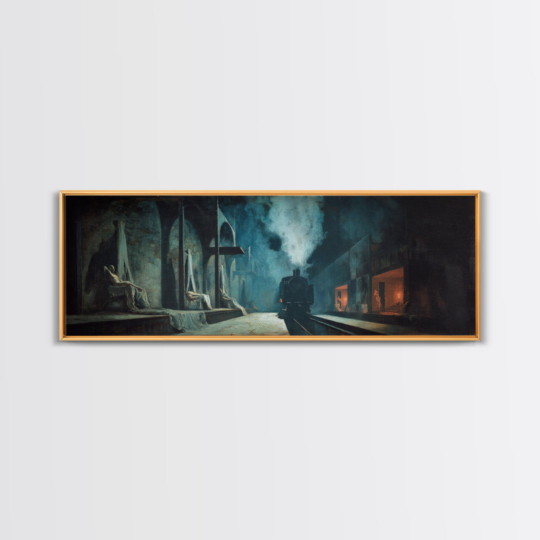 The Abandoned Train Station, Gothic Nightmare Art, Extra Wide Wall Art, Dark Halloween Decor, Canvas Print, Halloween Wall Art