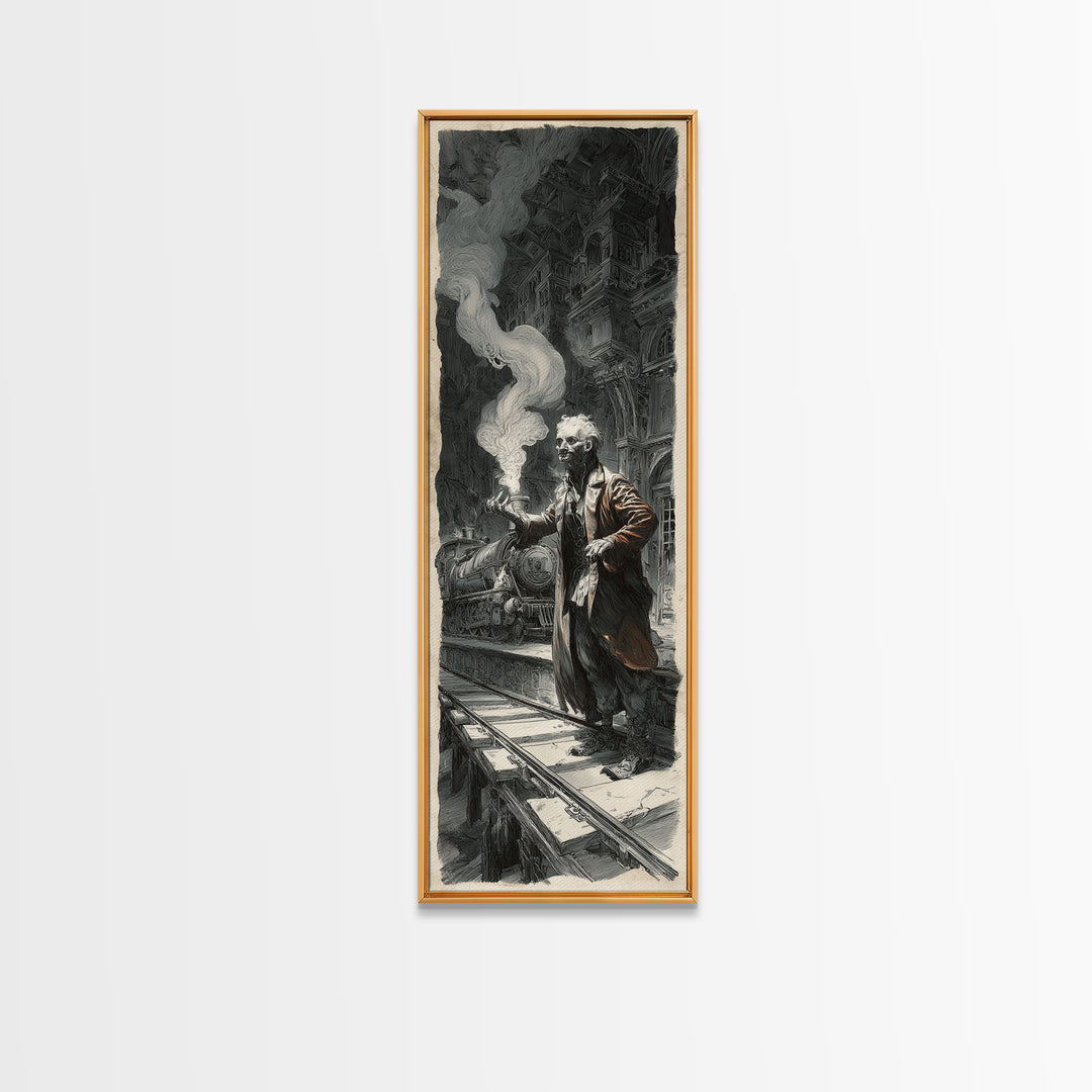 The Abandoned Train Station, Architectural Etching Art, Tall Narrow Wall Art, Gothic Horror Wall Art, Canvas Print