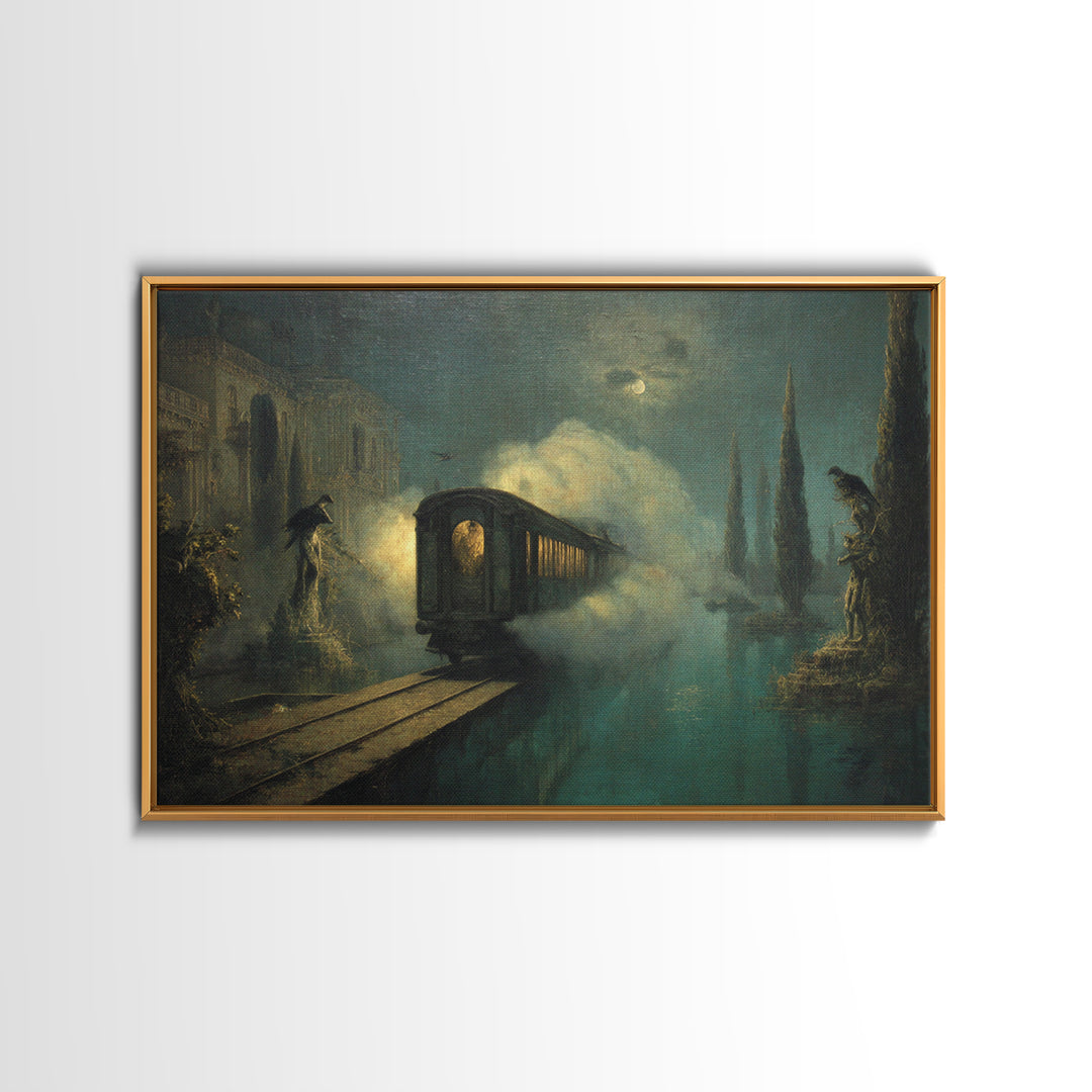 The Abandoned Train Station, Symbolist Gothic Landscape, Landscape Wall Art, Dark Halloween Decor, Framed Canvas Print, Halloween Wall Art
