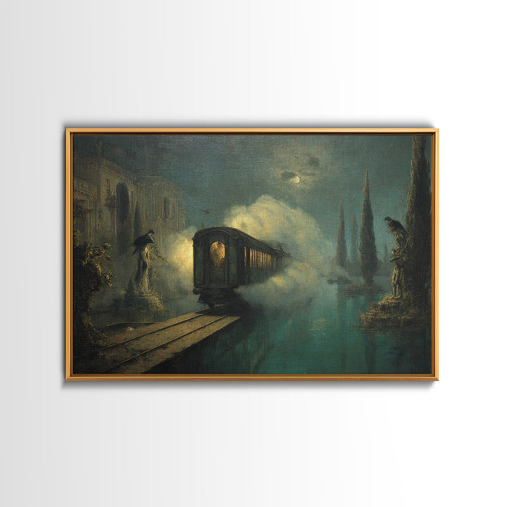 The Abandoned Train Station, Symbolist Gothic Landscape, Landscape Wall Art, Dark Halloween Decor, Framed Canvas Print, Halloween Wall Art