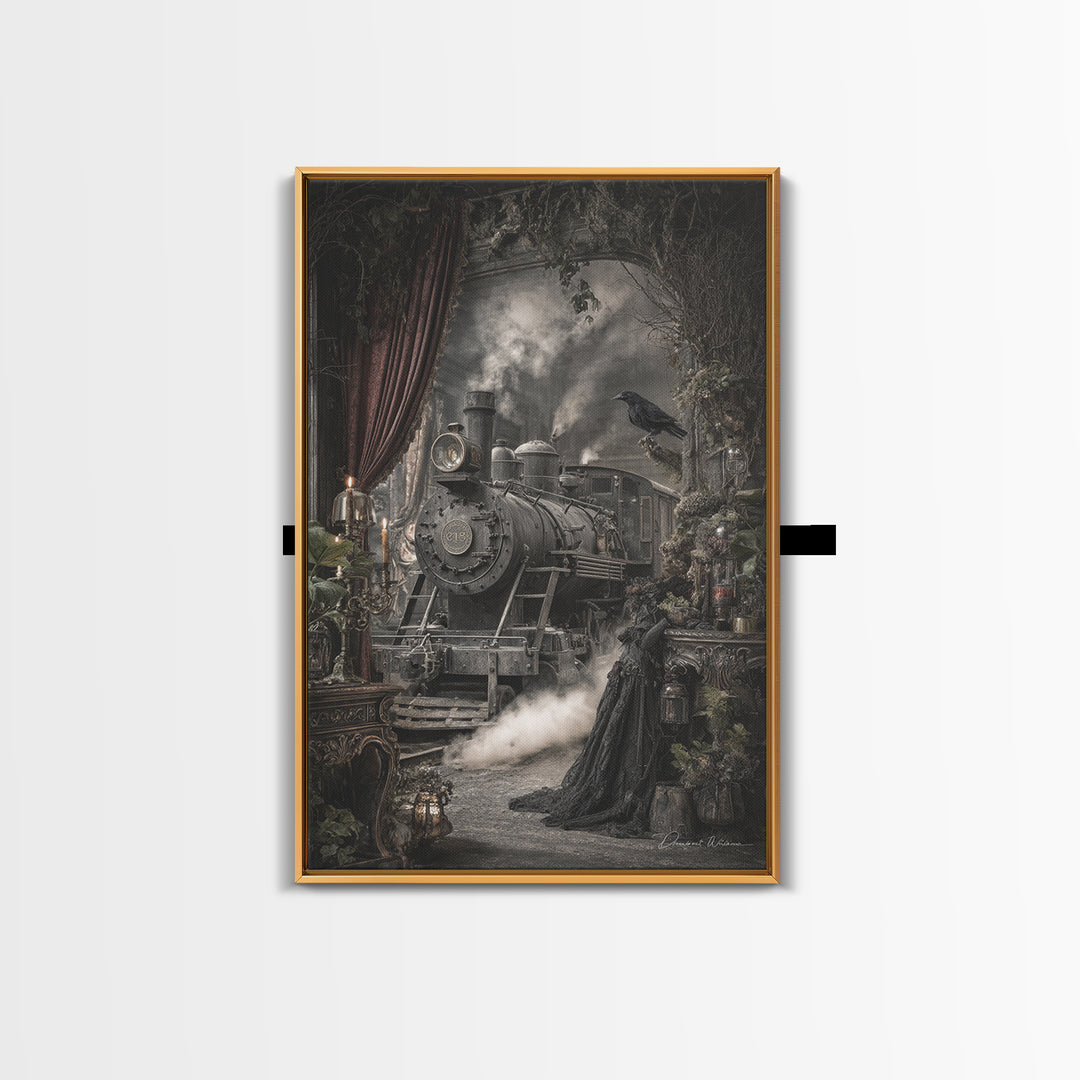 The Abandoned Train Station, Ornate Symbolist Art, Vertical Wall Art, Macabre Wall Art, Canvas Print, Halloween Wall Art