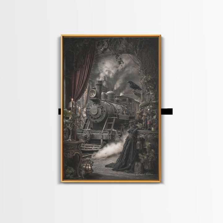 The Abandoned Train Station, Ornate Symbolist Art, Vertical Wall Art, Macabre Wall Art, Canvas Print, Halloween Wall Art
