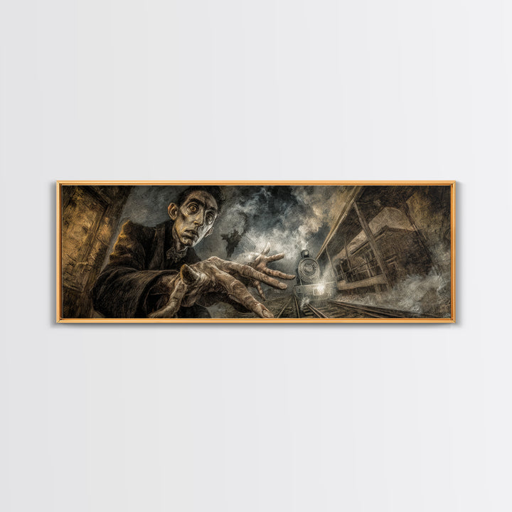 The Abandoned Train Station, Expressionist Gothic Art, Extra Wide Wall Art, Macabre Wall Art, Framed Canvas Print, Halloween Wall Art